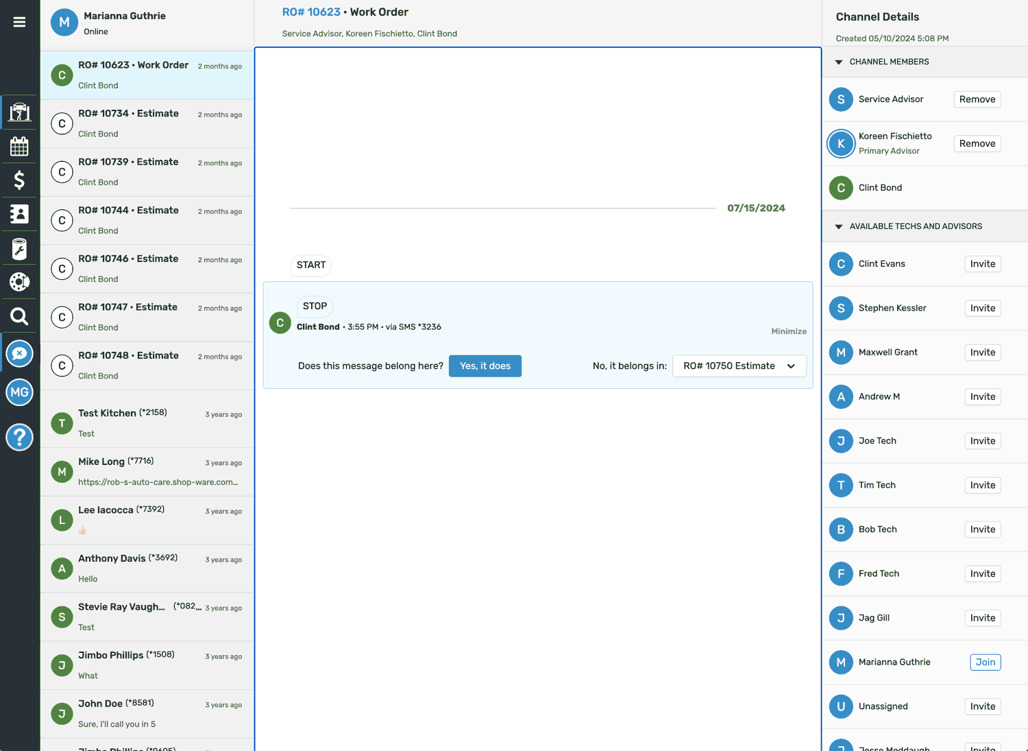 Shop-Ware messenger screen for employees