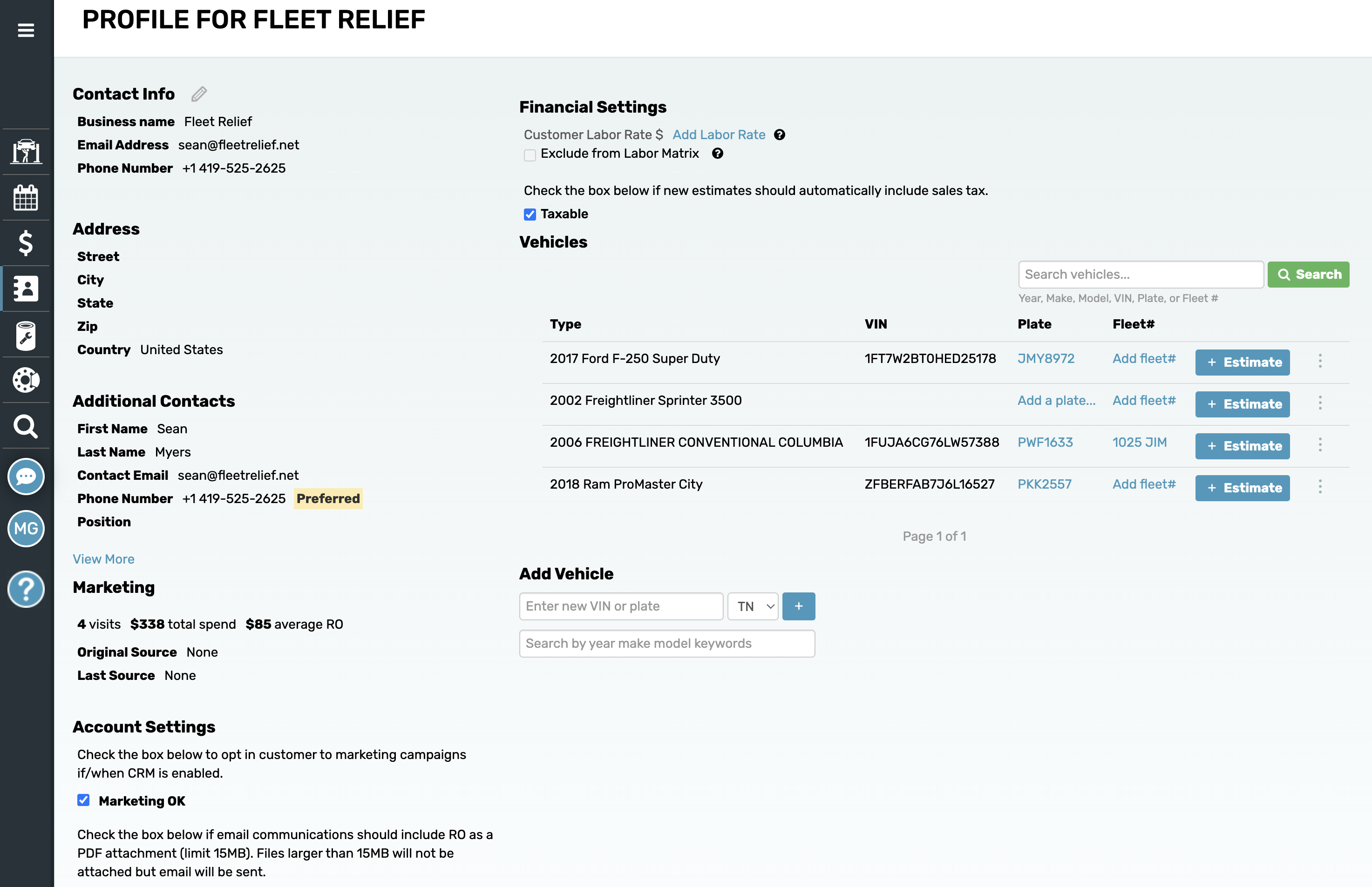 software showing customer profile for a fleet customer